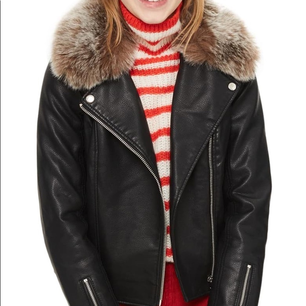🍂Topshop Faux Leather Jacket Fur Trim